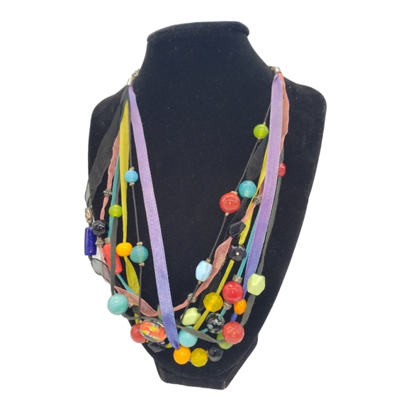 Multi-strand Ribbon Multicolor Beaded Necklace - Picture 4 of 5